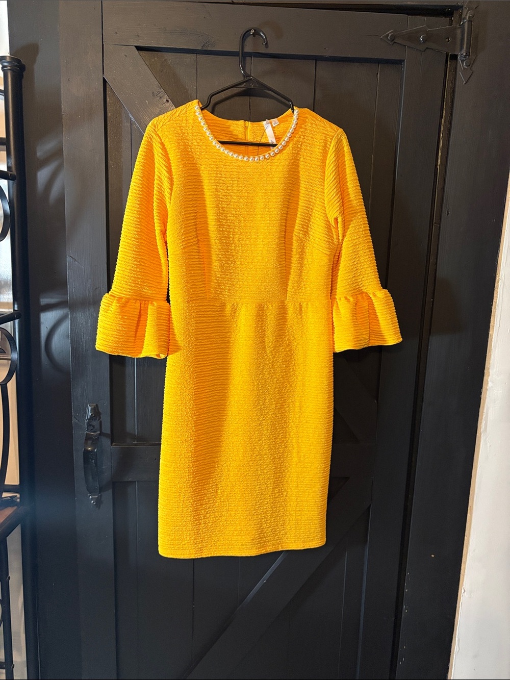 NY Collection Bright Yellow Midi Dress with Pearl-Trim Neckline